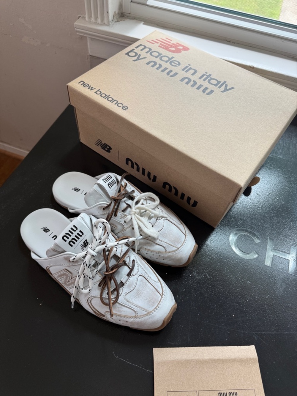 Authentic MiuMiu/New Balance White & Brown Women’s Sneaker Clog Hybrid